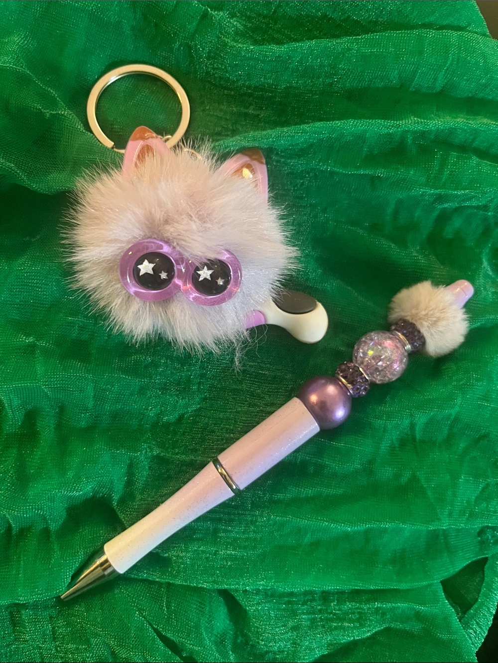 Plush Lavender Pom Keychain with Matching Purple Bead Pen - Gift beaded fun 76